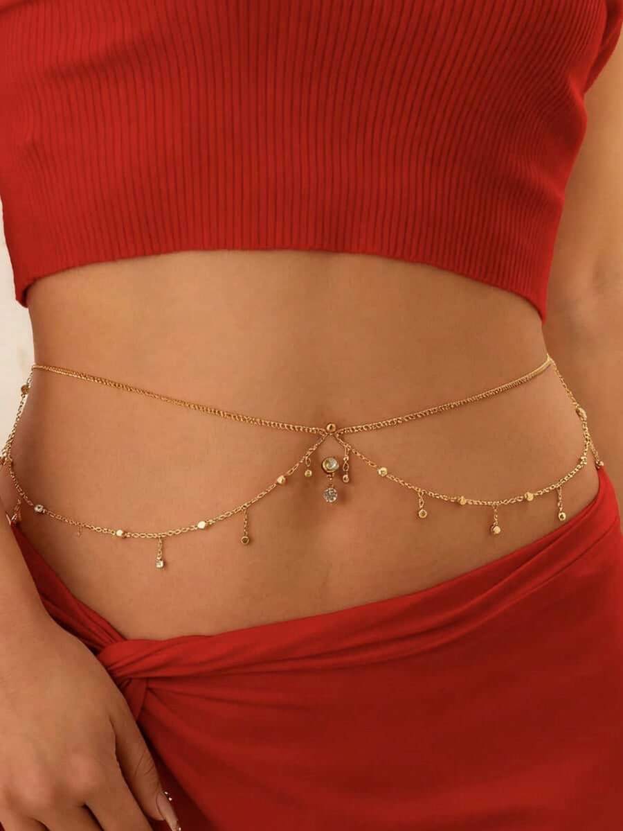 1pc Niche Design Rhinestone Waist Chain, Double Layer Draped Body Chain, Premium Gold Waist Accessory (Handmade Rhinestone Chain, Random Rhinestone Placement) - Multicolor - View 1