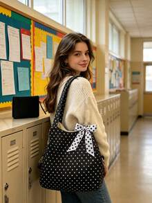 Vintage Star Print Tote Bag Set With Polka Dot Bow, Large Capacity Women Shoulder Handbag With Matching Small Pouch, Multi-Purpose Bag For School Work - Multicolor - View 3