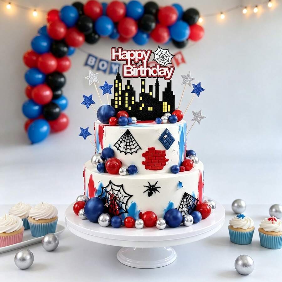 33 Peças Conjunto de Decoração de Bolo Revelação de Gênero de Super-Herói, Decoração de Teia de Aranha Vermelha, Azul, Prata, Cidade, Horizonte, Estrela, Bola, Decoração de Bolo de Aniversário com Tema, Adequado para Chá de Bebê, Suprimentos para Festa de Revelação de Gênero de Menino - Multicolorido - Visão 1