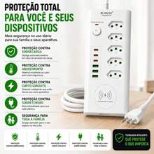 Régua de Tomadas 5 Entradas 20A com 3 USB e 3 USB Tipo C, Carregador Wireless por Indução, Filtro de Linha Bivolt, Cabo 2 Metros, Carregamento Rápido, Extensão Elétrica com Proteção Contra Sobrecarga, Ideal para Celular, Notebook, Computador, Monitor, TV, Videogame, Escritório, Home Office e Uso Residencial - Entrada do Brasil (220V) - Visão 4