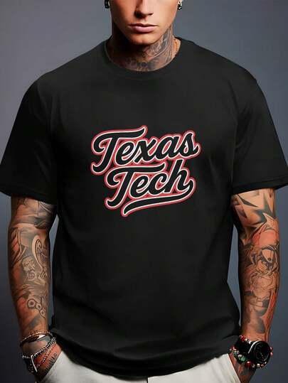 Texas Tech Script Logo Print Men's T-Shirt Suitable For Everyday Wear And Outdoor Sports, A Summer Essential.