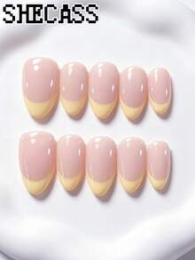 Shecass Uñas Postizas de Base Nude Almendra con Punta Francesa Amarilla, Elegantes Minimalistas Reutilizables para Uso Diario, Trabajo, Citas, Bodas, Todas las Estaciones, Uñas Cortas Y2K, Verano, Coquette, Graduación, Viajes, Vacaciones, Regalos, Fiestas, Regreso a la Escuela, Festivales de Música - Multicolor - Ver 1