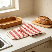 2Pcs Kitchen Heat Resistant Gloves Set Red Stripe Cotton Linen Oven Mitt Pot Holder Non-Slip Insulation Pads For Microwave Baking - View 6