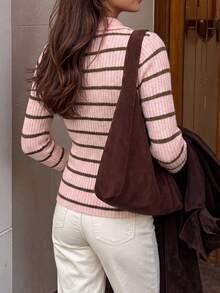 VIBEWAVE Pink & Green Colorblock Ribbed Polo Collar Half-Button Ribbed Knit Short Top Women Spring Autumn Vintage Casual Daily Commute Slim Fit Long Sleeve Blouse - Multicolor - View 5