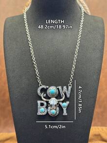 Vintage Western Cowboy Bull Head Turquoise Letter Long Necklace COWBOY Heavy-Duty Distressed Silver Pendant, Multiple Colors Available, American Country Music Festival Hot Girl Outfit Accessory, Outdoor Camping Road Trip Holiday Gift Jewelry - Western Cowboy - View 3
