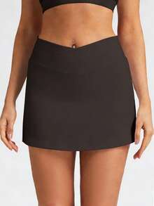 6pecil 2026 Women's Skirt, Criss-Cross Waist, Side Slit, Built-In Shorts, Suitable For Yoga, Pilates, Gym Workout, All Seasons - Coffee Brown - View 6