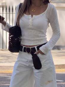 Women's Solid Color Round Neck Long Sleeve Casual Pullover Sweater, Autumn - White - View 5