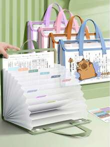 Multi-Color Transparent Accordion Storage Bag (Capybara Pattern), 13-Layer Horizontal Divider Design, Student File Organizer, Transparent Inner Pages For Certificates And Awards, Large Capacity Office Supplies, Can Store Textbooks, Books, Documents, Folders, Stationery, Etc., Back To School Essential, Learning Supplies - Multicolor - View 1