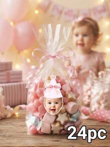 Custom Face Birthday Sticker,Personalized Baby Girl Portrait Pink Bow Party Hat,Baby Shower Decor Supply,1st Birthday Party Favor,Gender Reveal Gift - Multicolor - View 8