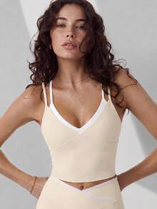 Sodalemon Women's Fitness Cross-Back Tank Top, Yoga Contrast Color Detachable Padding Spaghetti Strap Sleeveless Sports Tank - Beige - View 6