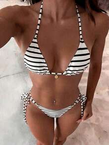 New Striped Triangle Bikini Set With Metal Pendant Decor, Spaghetti Strap Backless Party Beach Swimwear For Women Vacation Black Summer - Black - View 8