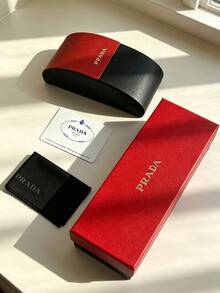 1pc Prada Dual-Color Cross-Grain Faux Leather Hard Glasses Case, Luxury Protective Fashion Eyewear Storage Designer Accessory Gift PRADA-GIFT-42 - Red and Black - View 2