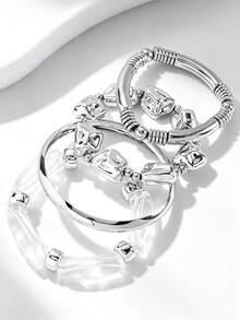 Set Gelang Minimalis 4 Buah dari Baja Titanium yang Dapat Ditumpuk, Set Gelang Manset Terbuka yang Dapat Diatur dari Resin Transparan dengan Manik-Manik Spiral Persegi Bertekstur Asimetris Perak Mengkilap, Hadiah untuknya - MultiWarna - View 10