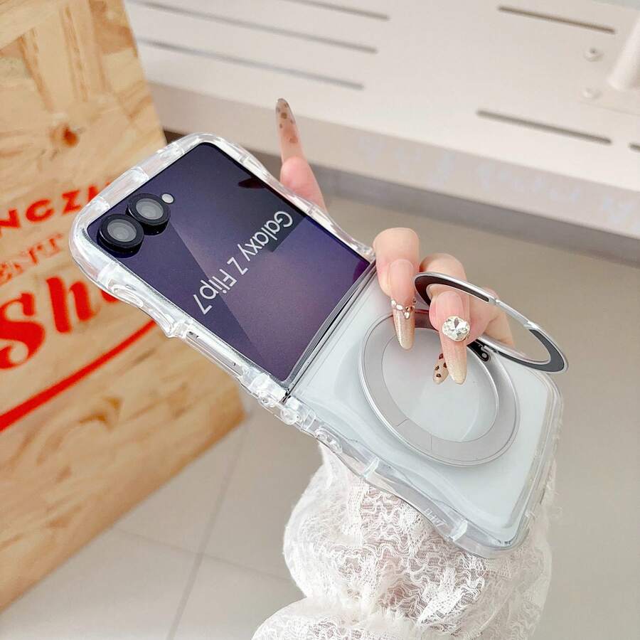Cute Wavy Edge Anti-Yellowing Clear Magnetic Phone Case Compatible With Samsung Galaxy Z Flip 8 Flip6 Flip5 Flip4 ,360° Rotatable Metal Ring Kickstand Shockproof Transparent TPU Wireless Charging Protective Cover