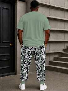 Plus Size Men's 2 Pieces Set, Men's Long Pants, Graphic T-Shirt, Streetwear Series "Horizontal Stripe Abstract Floral Patchwork Camouflage Print" Pattern Set - Polyester Fabric, Drawstring, Pockets, Suitable For Plus Size Body - Multicolor - View 5