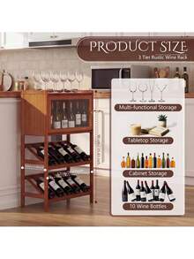3 Tier Rustic Wine Rack Standing Floor With Tabletop And Storage Cabinet, Wobble  Bar Cabinet For Liquor And Glasses, Bamboo Liquor Shelf For Home Bar Kitchen Cellar Living Room,45790292 - View 2