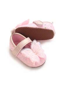 Pink Glitter Mesh Bow Infant Princess Mary Jane Shoes, Single Strap Hook & Loop, Non-Slip Soft Sole, Girl Toddler First Walker Shoes - Pink - View 2