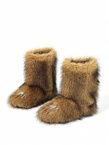 Women's Faux Fur Boots Fuzzy Fluffy Furry Short Snow Boot Funny Claws Toe Mid-Calf Flat Shoes Y2K Warm Comfortable Footwear Outdoor Winter Comfy Brown - Brown - View 7