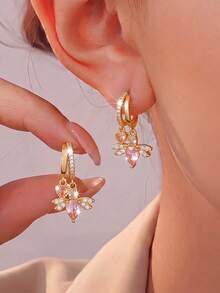 1 Pair Sweet Cool Pink Zirconia Heart Teardrop Wing Double Pendant Double Layer Earrings, Suitable For Women's Spring Date And Daily Wear - Wing - View 3