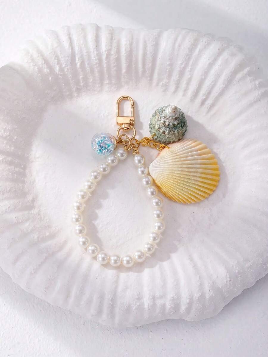 1件夏季女款時尚珍珠串珠貝殼吊墜鑰匙圈 背包掛飾 車鑰匙扣 海灘海邊日常使用 小禮物 - 彩色 - 查看 1