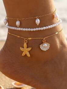 3pcs European And American Style Ocean Starfish Shell Faux Pearl Beaded Anklet Set, Beach Vacation Style Foot Jewelry For Women - Gold - View 1