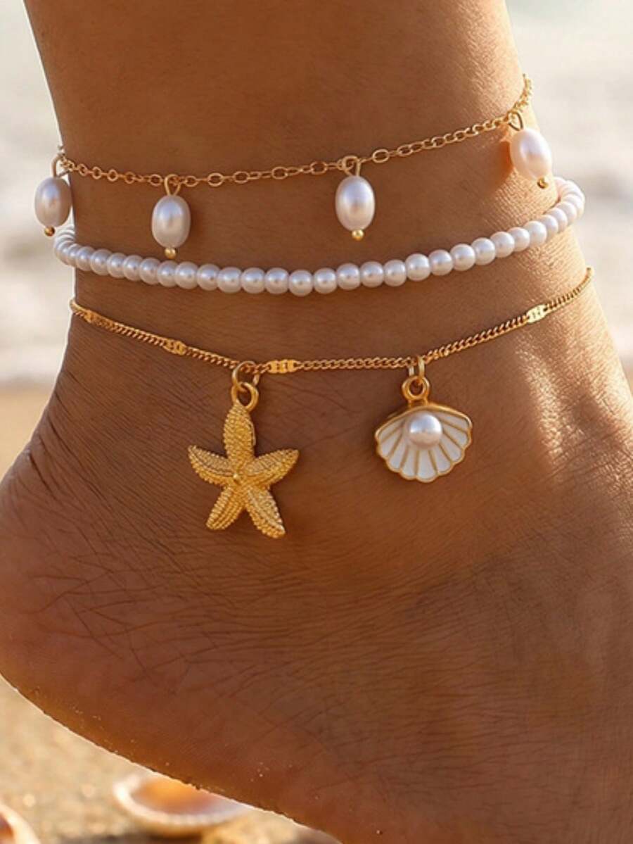 3pcs European And American Style Ocean Starfish Shell Faux Pearl Beaded Anklet Set, Beach Vacation Style Foot Jewelry For Women - Gold - View 1
