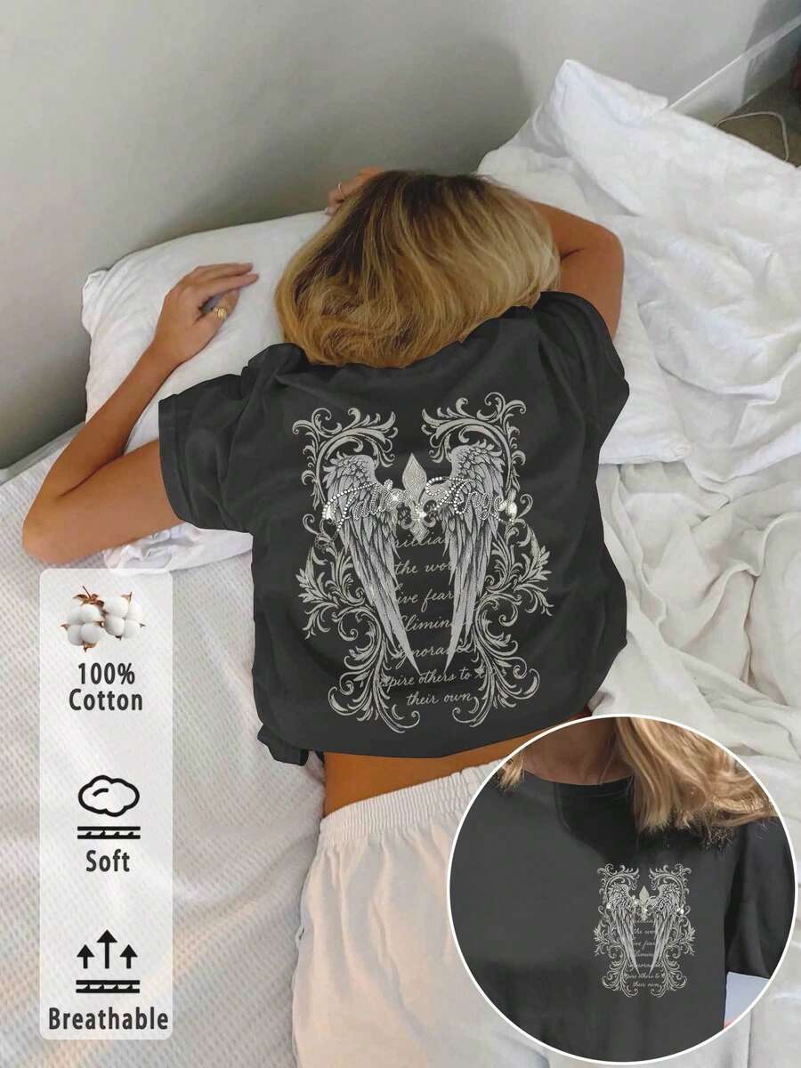 Diseño estampado reversible para primavera y verano, top de estilo vintage para mujer con alas y motivos florales, estampado de ángel estalker, hecho de algodón puro, uso diario casual, mang - Negro - Ver 1