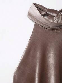 CAREE Women's Spring & Summer Dusty Rose Satin Cowl Neck Back Tie Halter Sleeveless Asymmetric Hem Loose Flowy Blouse Top - Rusty Rose - View 8
