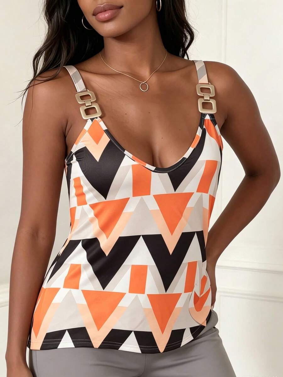 Plus Size Women's Geometric Print Metal Chain Strap Tank Top, Casual Wear - Orange - View 1