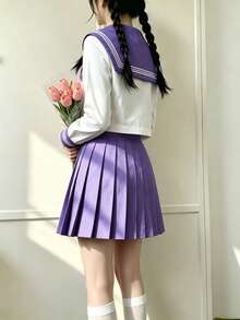 1件裝可愛校園JK制服套裝，附領結，女款校園風水手JK制服，白色與紫色長袖百褶裙，秋季款 - 淡紫色 - 查看 5