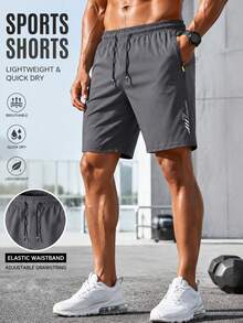 1pc Men's Summer Sports Shorts, Elastic Drawstring Waist, Zipper Pockets, Geometric Print, Suitable For Fitness And Running - Grey - View 1
