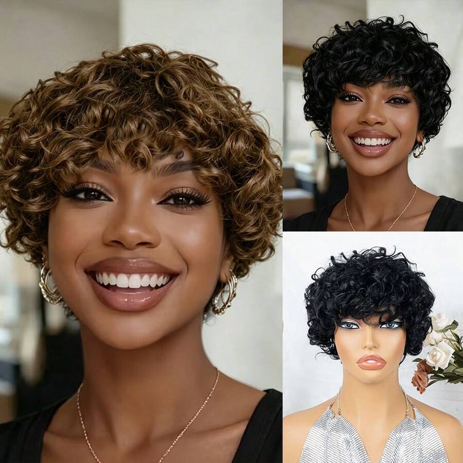 Women' Brazilian Real Human Hair Wig Brown/4#, 1B Color Suitable For Skin Tones - Short Loose Curly Tight Curly Bob Pixie Cut With Bangs & Fringe, Natural Looking Highlighted Wig, No Lace For Daily Wear, Parties, Suitable For Occasions