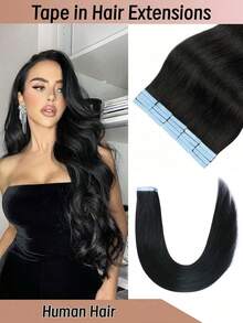 [40–65 cm, 20 piezas/paquete/50 g] Extensiones de cabello grueso con cinta adhesiva, cabello humano Remy liso, extensiones de cabello humano invisibles con cinta adhesiva. Apto para mujeres. - Natural Black - Ver 1