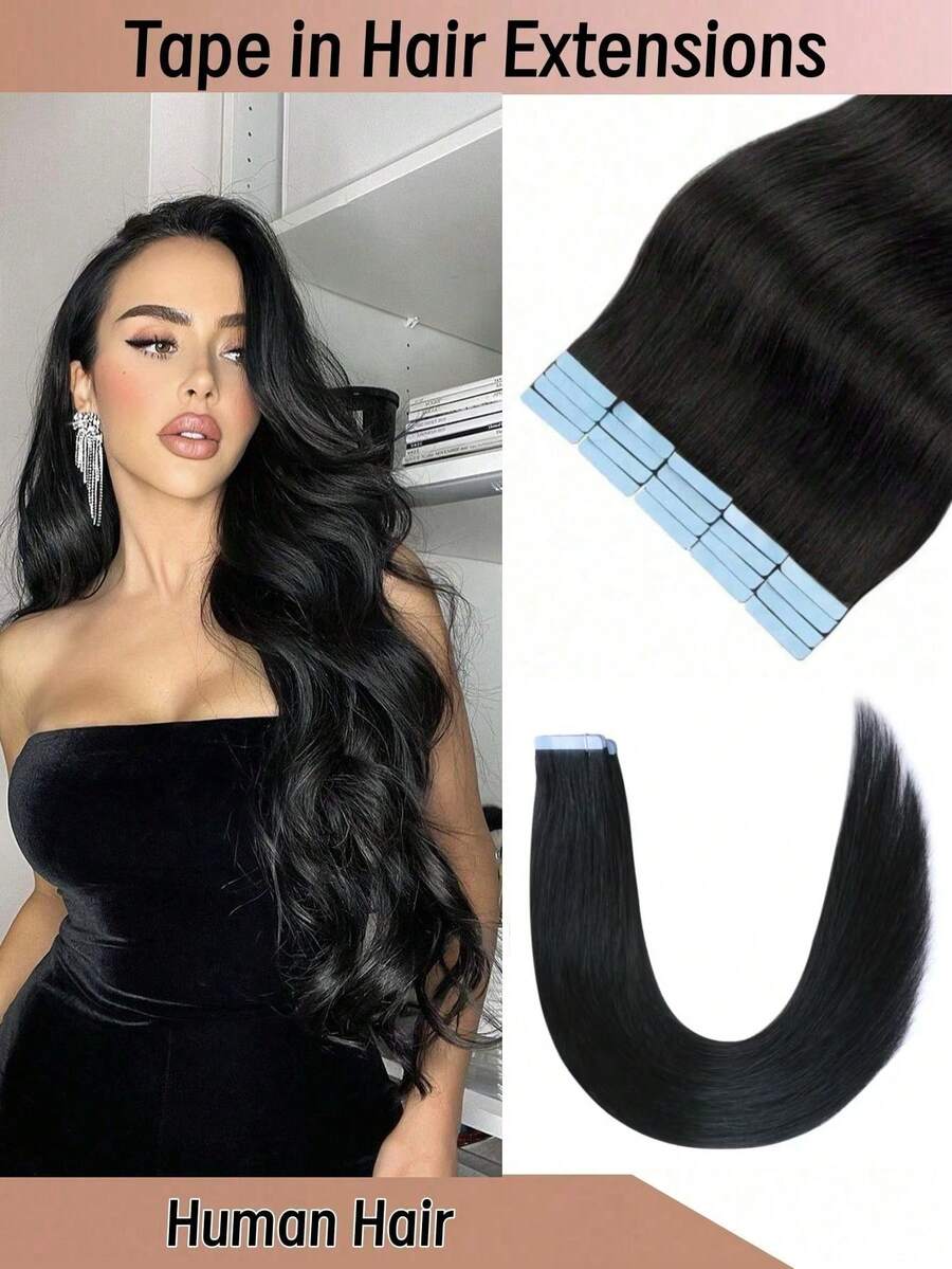 [40–65 cm, 20 piezas/paquete/50 g] Extensiones de cabello grueso con cinta adhesiva, cabello humano Remy liso, extensiones de cabello humano invisibles con cinta adhesiva. Apto para mujeres. - Natural Black - Ver 1