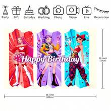 KPop Demon Hunters 冷色調女孩兒童派對場景，附生日派對背景布，裝飾主題牆，適合電子節奏慶祝活動、房間裝飾與展示道具 - 彩色 - 查看 9