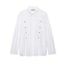 Women's White Polyester Long Sleeve Stand Collar Shirt, Decorated With Rivet Double Buttons, Regular Length, Medium Stretch Casual Top - White - View 2