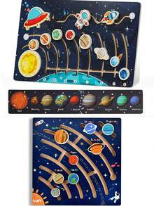 GENAI 可動式太陽系拼圖，適合3-6歲兒童，木製太空玩具，行星主題幼兒園教育活動，男孩女孩禮物 - 彩色 - 查看 2