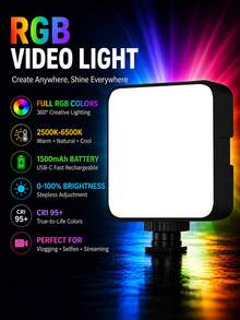 便攜式 RGB LED 攝影補光燈,2500K-6500K 可調光相機補光燈,CRI95+ 攝影照明,內置 1500mAh 可充電電池,USB-C 迷你影片燈,適用於 Vlogging、自拍、直播、化妝、內容創作 - 查看 2