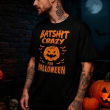 T-shirt Batshit Crazy For Halloween avec imprimé graphique terrifiant de chauve-souris, citrouille et lanterne, fantôme, saison d'Halloween, costume de festival pour homme - forme - Voir 1