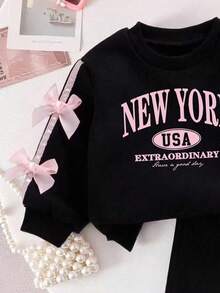 Baby Girl Letter Pattern Ribbon Bow Decor Round Neck Long Sleeve Top And Pants - Black - View 4