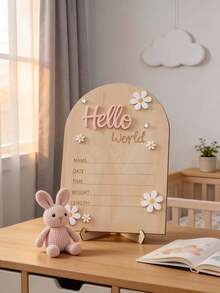 Tablero de anuncio de nacimiento de madera moldeada de una sola pieza, decorado con crisantemo "Hola Mundo", incluye sección de información de nacimiento, pancarta de madera arqueada con nombre del recién nacido, accesorios de fotografía para recién nacidos, decoración de recuerdo para bebé, adecuado como regalo de baby shower, regalo de Pascua para niños y niñas - Multicolor - Ver 3