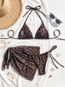 Setelan Bikini 3 Potong Wanita Seksi Motif Leopard Leher Halter Musim Semi/Panas 2026 dengan Celemek, Cocok untuk Pantai Musim Panas dan Liburan Santai - MultiWarna - View 4