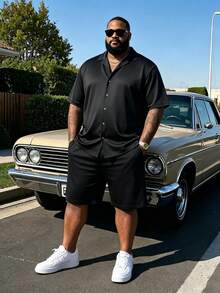 Plus Size Men's Shirt Set, Short Sleeve Shirt And Shorts 2-Piece Set, Solid Color, Machine Washable, Plus Size - Black - View 2