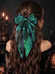 A Halloween Spider-Web Bowknot Hairpin For A Gothic-Style Party Accessory With Flowing Ribbon And Spring Clip. - Green - View 5