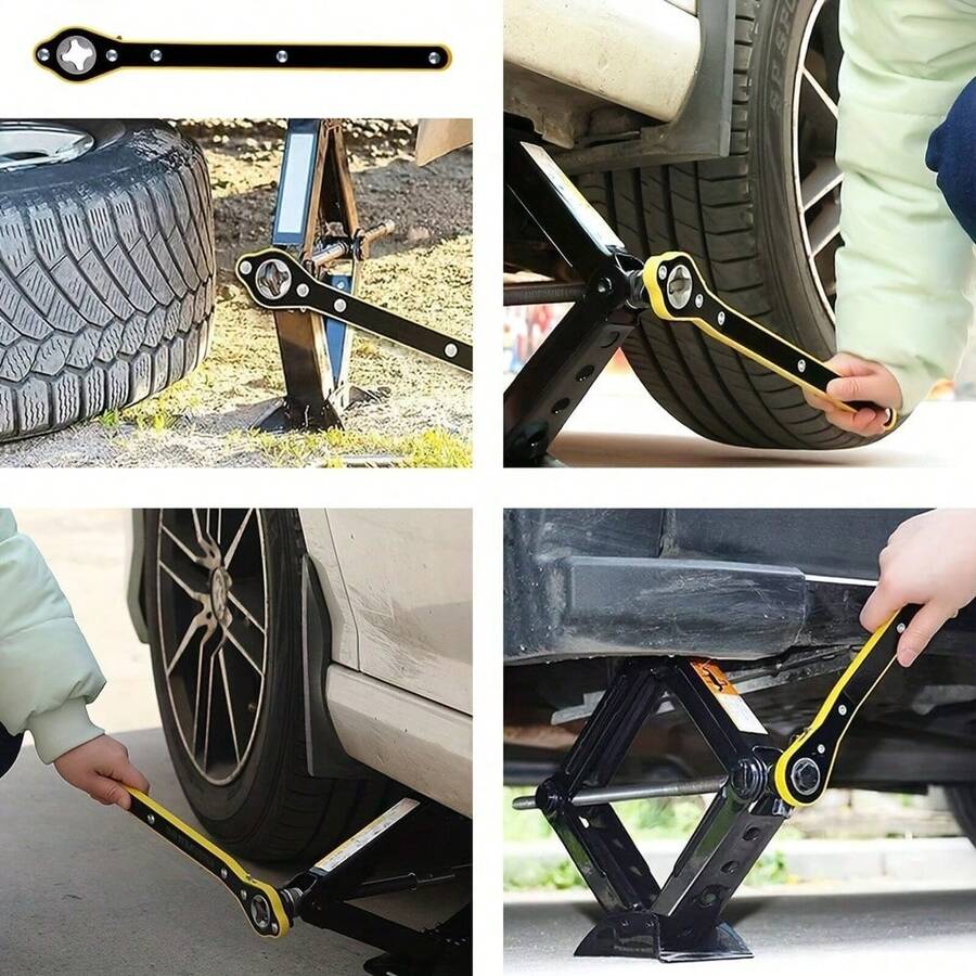 Universal Car Jack Wrench With Adapter, Scissor Ratchet Dual-Function Wrench, Reversible Switch Button, Long Handle Car Tire Wrench, Manual Repair Tool, Christmas Gift - Yellow - View 1