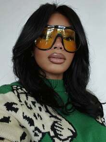 1pc Women's Oversized One-Piece Yellow Lens Fashion Glasses, Black Frame Oversized Glasses, Tropical Vacation Beach Eyewear - Yellow - View 3