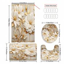 1/3/4pcs Gold Floral Print Shower Curtain Set, Minimalist Pattern, Washable Polyester Fabric, Waterproof Durable Bathroom Accessories, Includes 12 Hooks - Includes Toilet Lid Cover, Bath Mat And Rug, Home/Bedroom/Living Room/Home Decor/Summer - A - View 16
