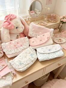1Pc Lace Cute Pencil Case,Student Stationery Storage Bag,Large Capacity Pencil Pouch,School Stuff,Makeup Bag,Back To School Essential,School Supplies - Multicolor - View 1
