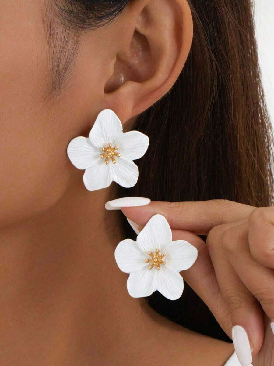 女款復古香港風簡約優雅耳環 - 白色 - 查看 1
