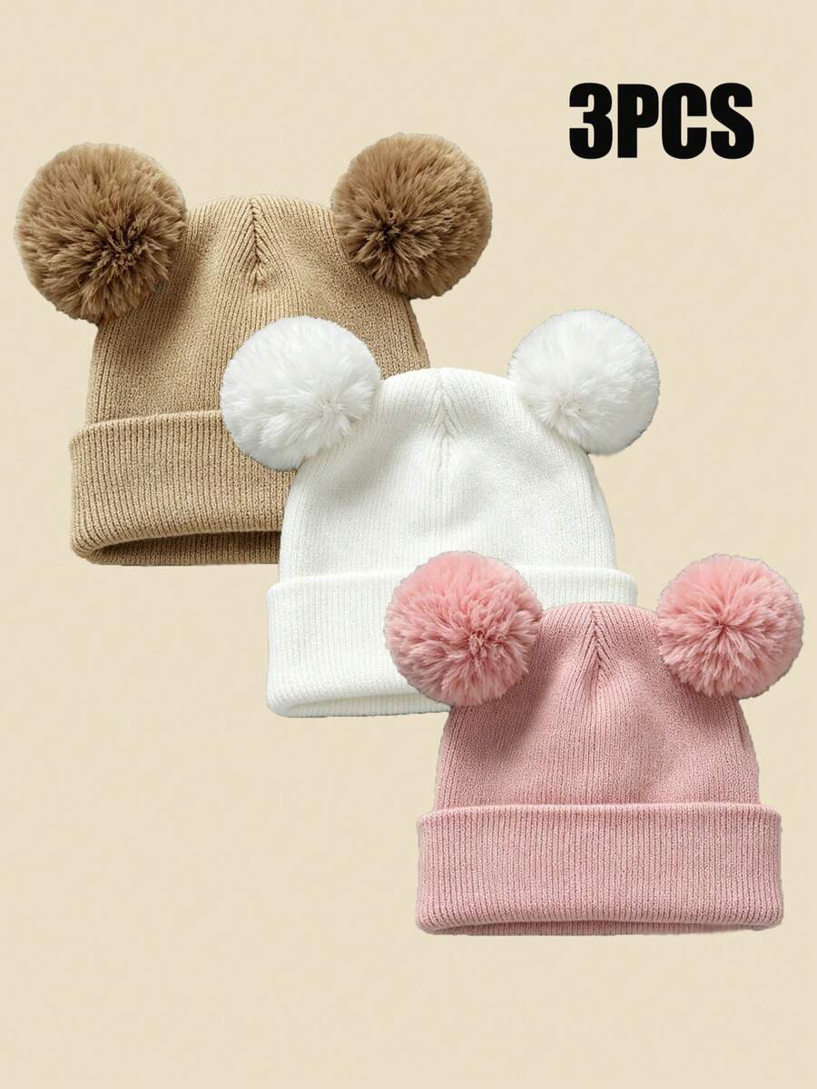 3pcs/Set Baby & Toddler Knitted Double Pom Earflap Hats, Thin Warm, Solid Color Versatile, Suitable For Spring, Autumn, Winter - Multicolor - View 1